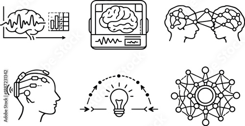 Future Creativity Icons. Line style icons of future creativity research: neural-decoding chart, brain-scan module, connectivity