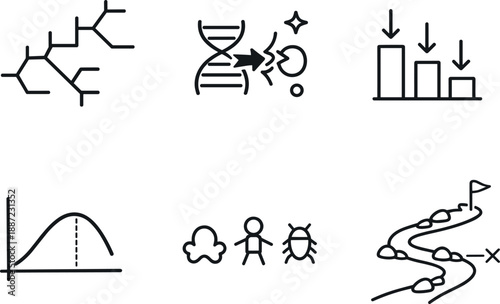 Meme Evolution Icons. Line style icons of meme evolution: branching lineage tree, mutation glyph, selection pressure bars, fitness