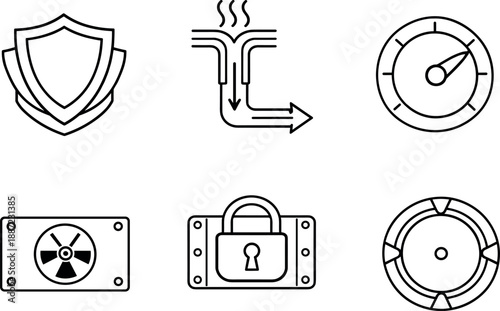 Safety Icons Collection. Line style icons of containment and safety: multilayer shield bands, thermal vent path, automatic