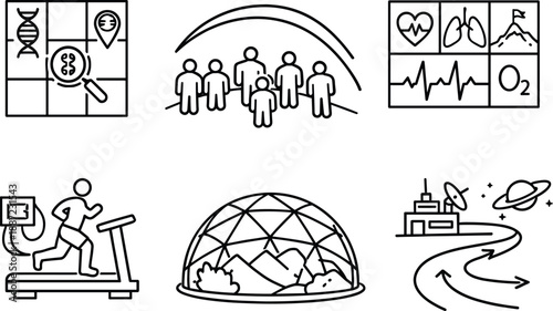 Adaptation Research Icons. Line style icons of long-term adaptation research: genetic markers tile, population adaptation arc,