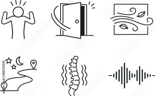 Witness Experience Icons. Line style icons of witness experiences: startled figure outline, door-slam arc, sudden breeze tile,