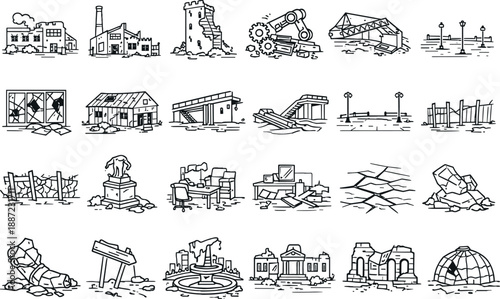 Icons of Decay. Line style icons of temporary human achievements: abandoned factory, crumbling tower, broken machinery, toppled