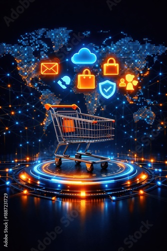 Background image on the theme of mobile commerce, a glowing smartphone in the center, a cart icon, above it, a hologram of icons of cards, delivery, chat, social networks, clouds and a world map diver