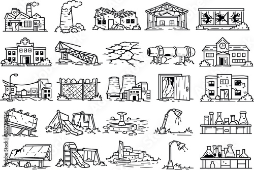 Abandoned Zone Icons. Line style icons of exploring dangerous abandoned zones: derelict factory, broken smokestack, collapsed roof