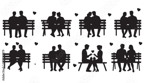 Set of romantic couples sitting on bench silhouettes. Vector black icons of lovers talking, dating, and relaxing in the park isolated on white background.