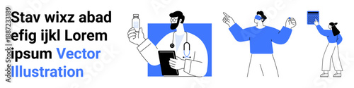 Healthcare, technology, digital communication, telemedicine, data sharing, corporate visuals. Illustrated doctor holding medication, person with VR glasses and data on screen. Healthcare