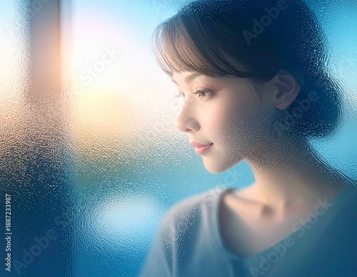 Beautiful Woman Behind Frosted Glass with Soft Gradient Light