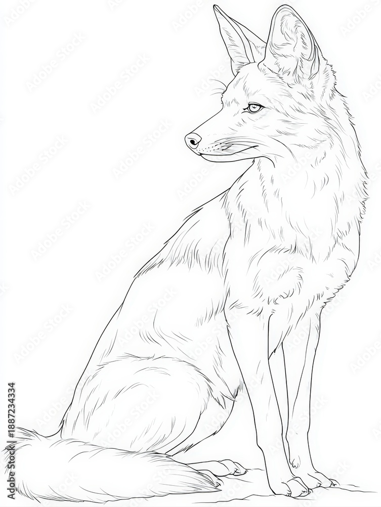 Fototapeta premium Hand Drawn Black and White Outline Sketch of a Wild Fox Sitting and Looking Back for Children Coloring Book Page or Wildlife Illustration Isolated on White Background for Education Concept