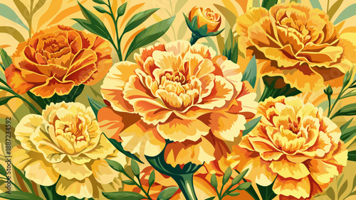 Very beautiful floral background featuring yellow and peach carnations arranged harmoniously, creating a warm, cheerful composition perfect for spring designs and elegant decorative use.