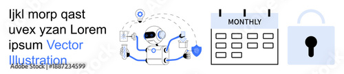 Data privacy, AI automation, time management, cybersecurity, secure access, technology concepts. Robot with shield, calendar and lock. Data privacy and AI automation illustration