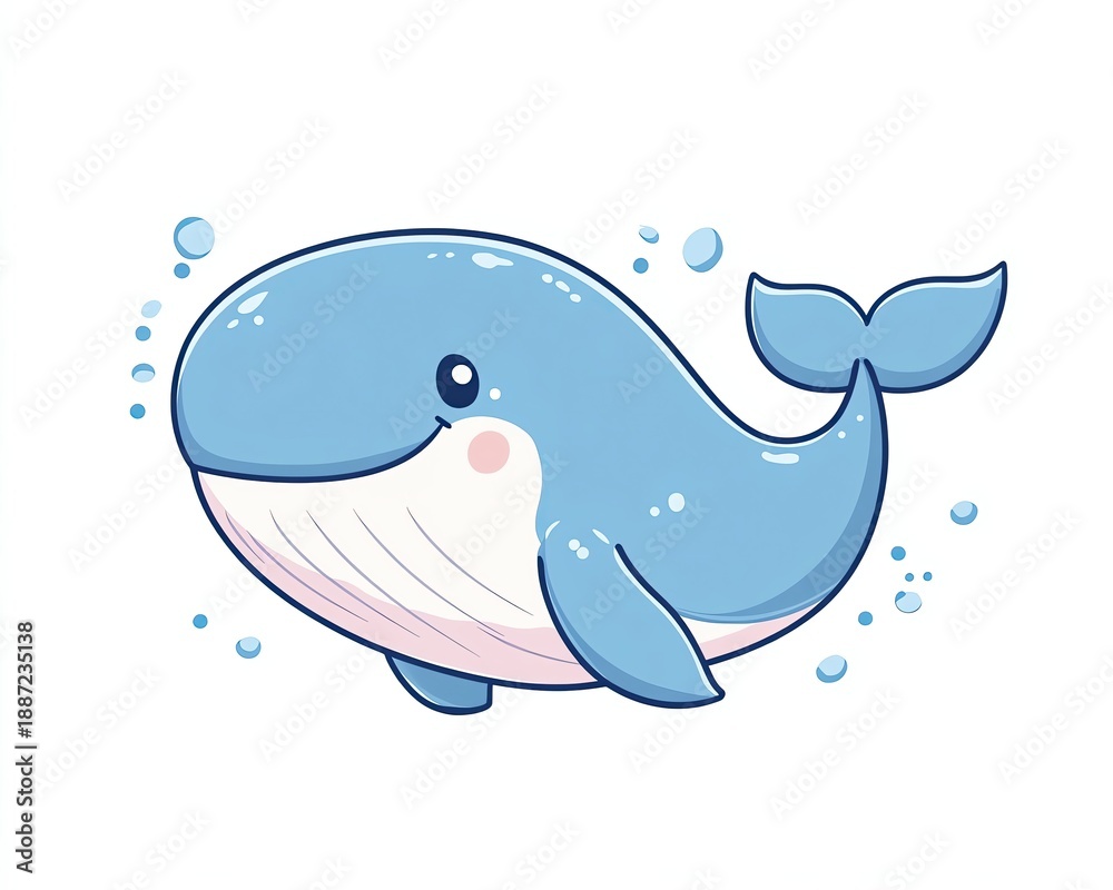 Obraz premium Cute cartoon blue whale swimming happily.