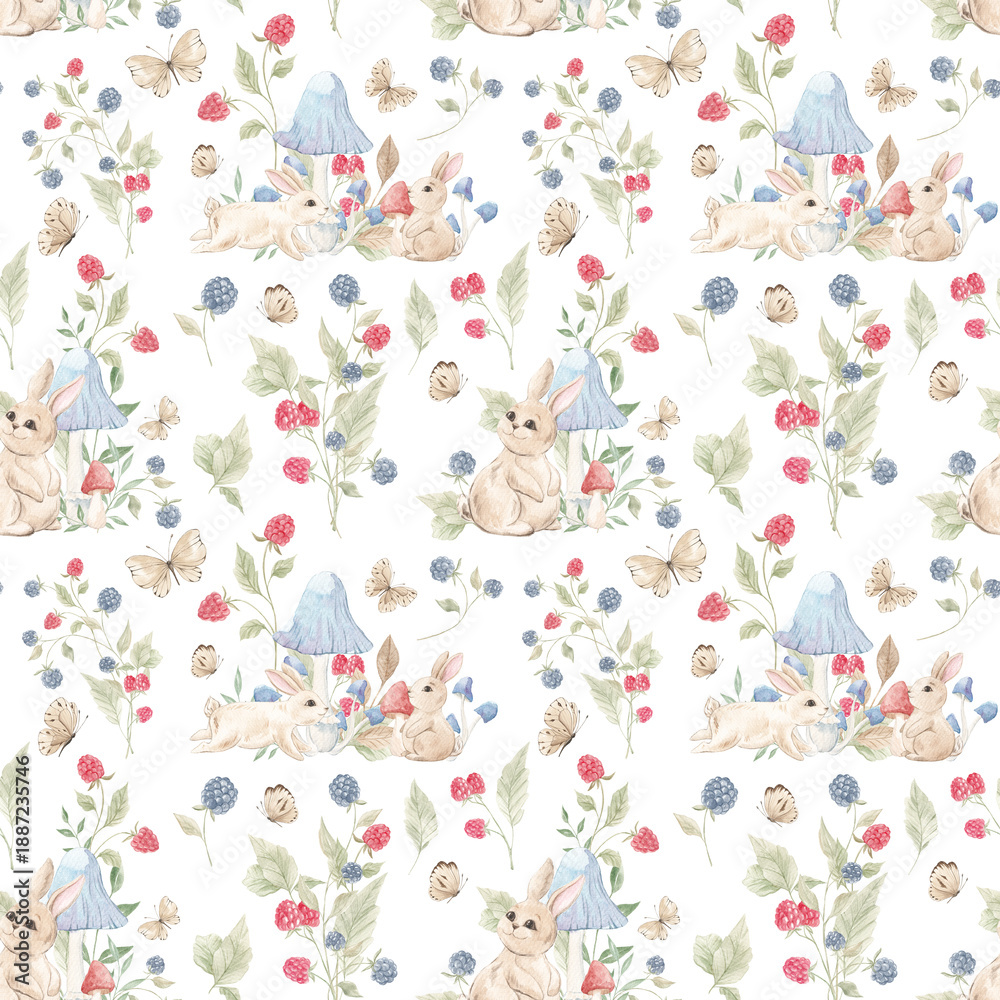 Naklejka premium Watercolor seamless pattern with forest animals. Bunny in a basket. Forest berries, mushrooms. Children's wallpaper, home textiles. Print for packaging. Cute bunnies.
