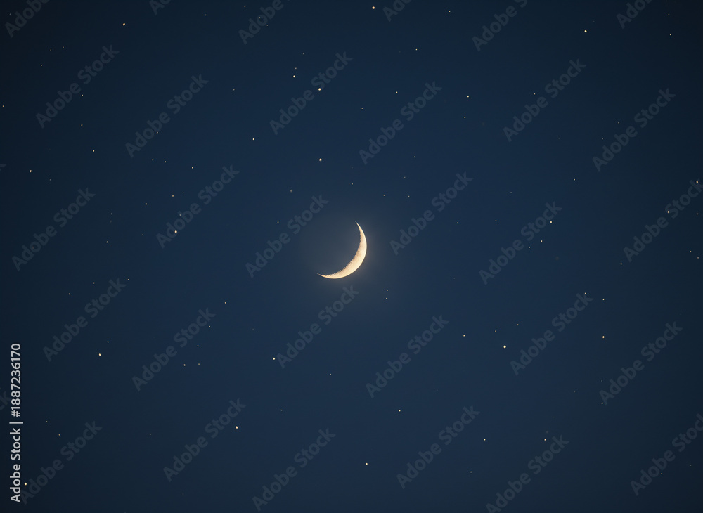 Naklejka premium Crescent Moon With Soft Glowing Stars in a Calm and Peaceful Night Sky Atmosphere