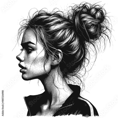 Athletic girl. Black and white line sketch portrait of a beautiful sports woman with messy hairstyle. Character design. Transparent background SVG version.