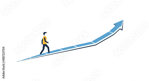 Man walking on upward trending graph line with arrow.