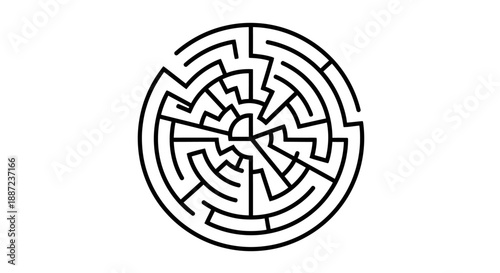 Simple black and white circular maze illustration with a central path.
