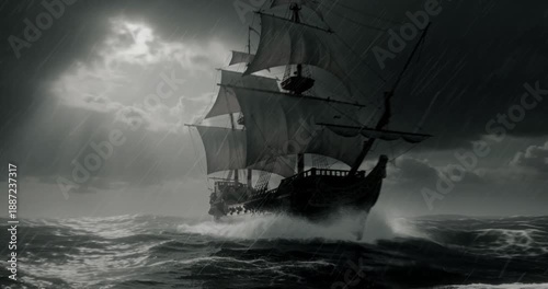 Pirate Ship Sailing through fierce stormy