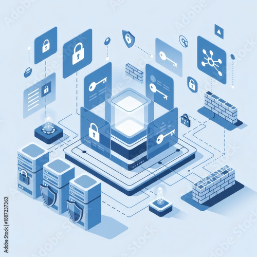 Digital Fortress: An intricately designed digital fortress, showcasing the essence of network security and data protection, with visual representations of keys, locks, and firewalls.