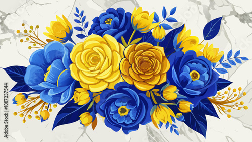 Very beautiful cluster of blue and yellow flowers arranged on a white marble background, creating a fresh, modern floral composition with elegant contrast and refined surface texture.
