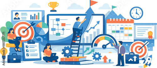 Career Planning Ecosystem. Strategic career planning ecosystem with dashboards, charts, calendars, and professional icons