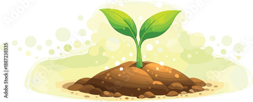 Seedling's Fresh Start. Seedling sprouting from a smooth soil mound with dew-like glow highlights, gentle bokeh dots fading wide