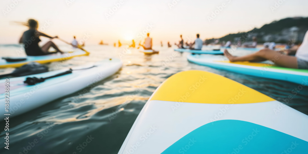Group of people paddle boarding at sunset, reflecting a peaceful summer vacation and water sport leisure activity