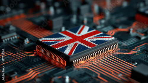 United Kingdom Digital Technology Concept Featuring British Flag Integrated into Advanced Microchip and Circuit Board Representing Innovation, AI and National Tech Infrastructure