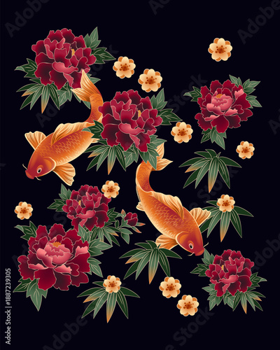 Japanese Style Koi Fish and Peony Flowers Vector Illustration, Traditional Oriental Carp Art on Dark Background for Luxury Apparel and Wallpaper
