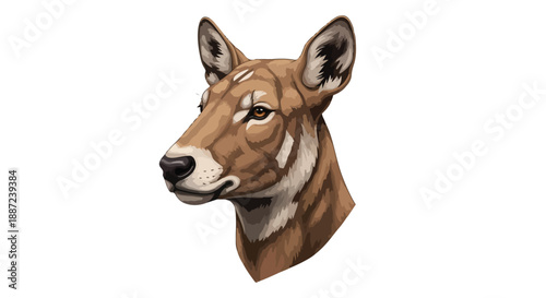 Illustration of a deer head with brown fur and white markings on a plain white background.
