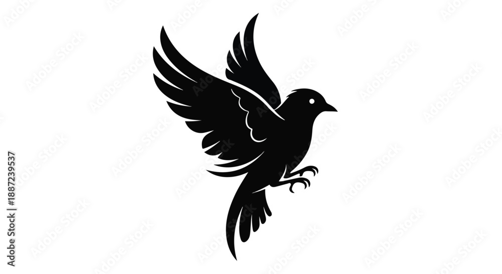 Obraz premium Silhouette of a bird in mid-flight against a white background with outstretched wings.