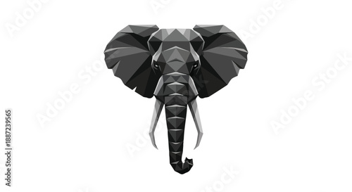 Geometric illustration of an elephant's head and tusks in shades of gray on a white background.