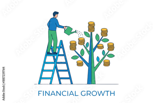Man watering money tree for financial growth and investment