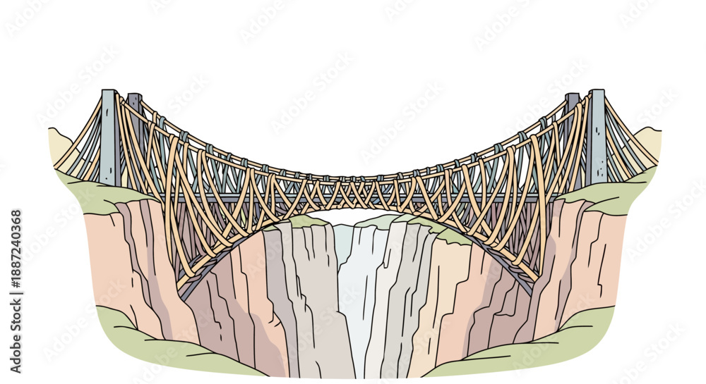Fototapeta premium Detailed architectural illustration of a complex suspension bridge spanning a deep canyon.