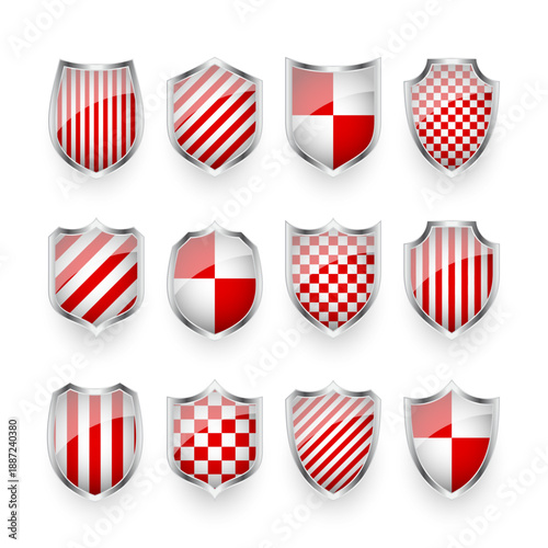 Glossy shields with red and black white. Security and protection concept. Cyber safety icons, internet privacy, web defense, digital data protection and antivirus themes. Vector illustration