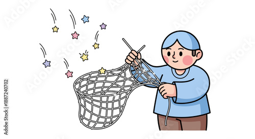 Whimsical illustration of a person knitting a net full of stars.