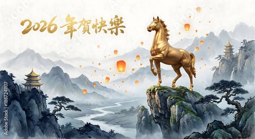 Golden Horse Statue on Mountain Peak Chinese Landscape Painting Style