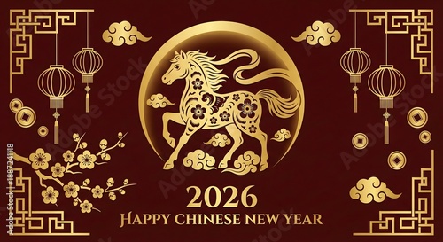Luxury Vector Chinese New Year 2026 Horse Design Dark Red and Gold