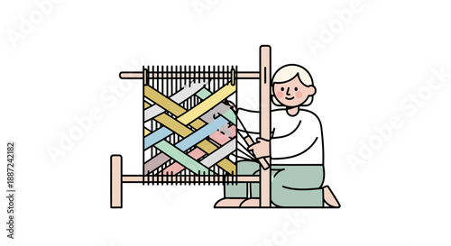 Illustration of a person weaving a colorful textile on a traditional handloom.