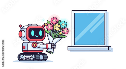 Cute cartoon robot character holding a colorful bouquet of flowers.