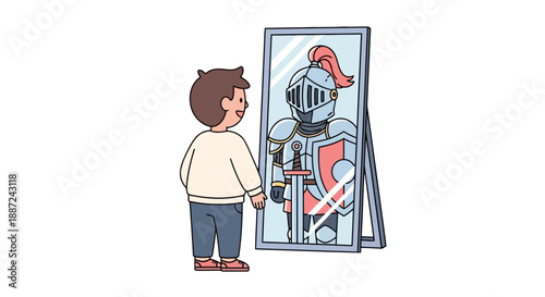 Young boy looking in a mirror sees a reflection of a brave knight.
