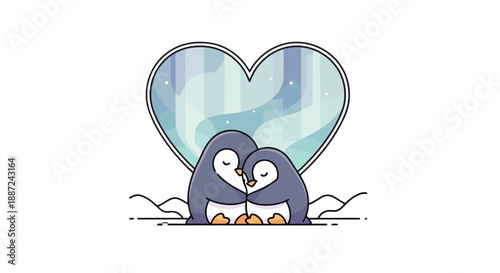 Adorable Cartoon Penguin Couple Cuddling Together in Love.