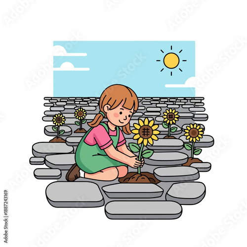 Cartoon illustration of a little girl planting a sunflower.