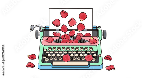 Vintage light blue typewriter producing romantic red rose petals.