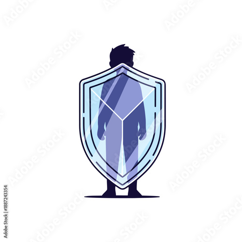 Silhouette of a person protected by a futuristic digital security shield.