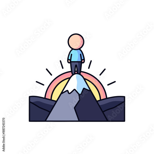 Stylized figure celebrates success at the top of a mountain.