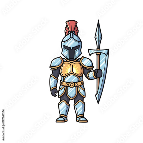 Brave cartoon knight character in full steel armor holding a sword.