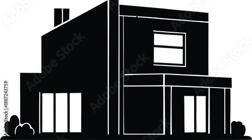 Black silhouette illustration of a modern luxury two story house with flat roof lines and geometric windows for real estate and architectural design.