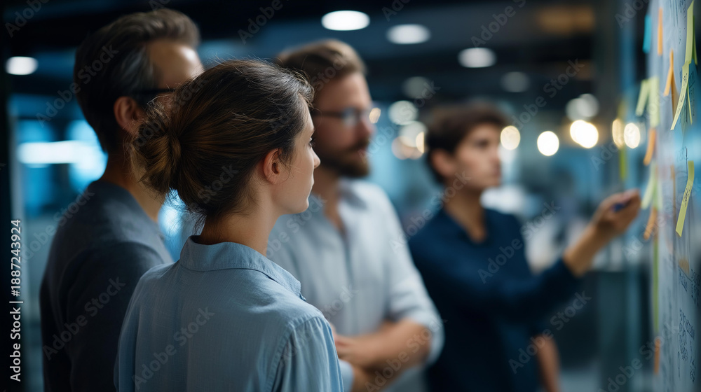 Fototapeta premium Creative business meeting brainstorming ideas sharing, team of marketing business staff standing and discussing solutions for new project, startup business ideas concept, faceless