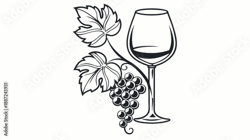 Wine Glass with Grape Bunch and Vine Leaves Vector Illustration, Elegant Black and White Line Art Design Isolated on White Background