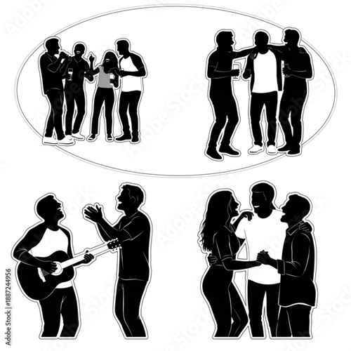 Silhouette illustrations of people socializing and having fun together in various poses